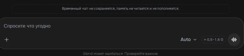 The banner “Temporary chat: not saved, memory is neither read nor updated” above the input field